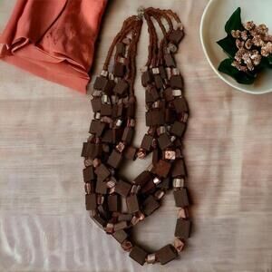 $5$ add on chico's Brown wood square & iridescent pink Beaded Necklace